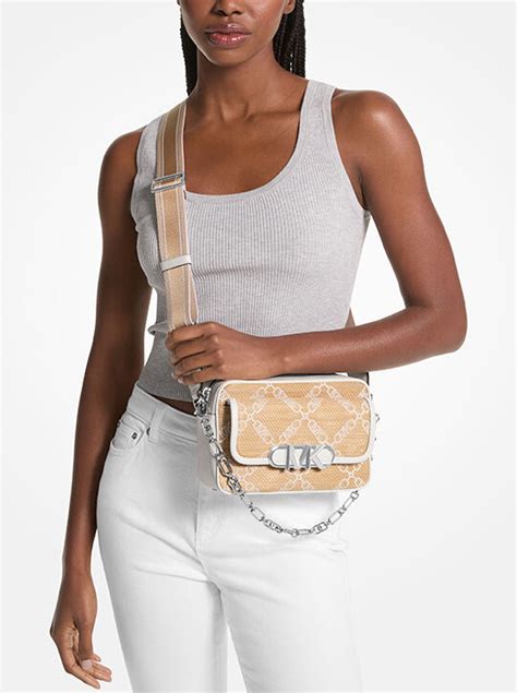 michael kors 183740234763|Parker Medium Empire Logo Jacquard Straw Crossbody Bag.